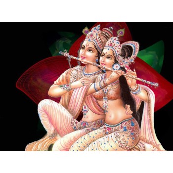 Krishna playing flute with Radha