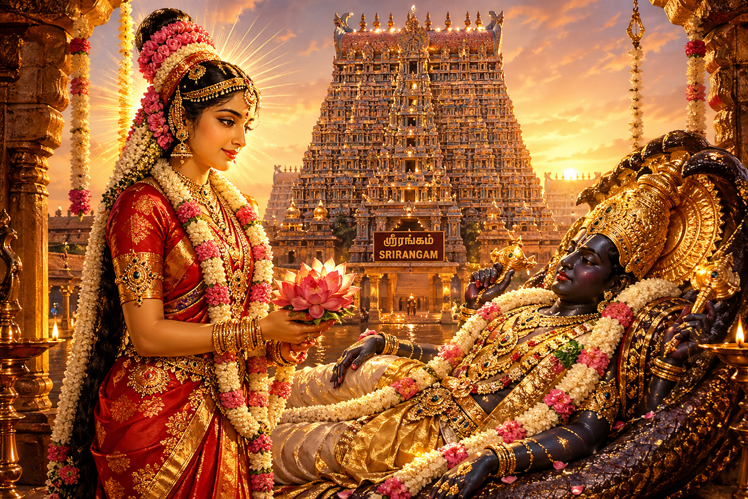 Andal dressed as divine bride in red silk sari with heavy gold jewelry and bridal garlands, standing before Srirangam temple, golden divine light, South Indian wedding art -- HD wallpaper