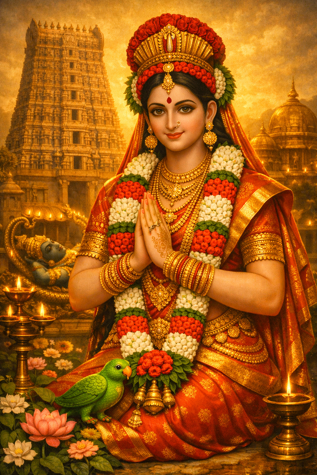 Andal as divine bride in full bridal attire, red silk sari, heavy gold jewelry, bridal garlands, Srirangam temple backdrop, traditional South Indian wedding art -- HD wallpaper