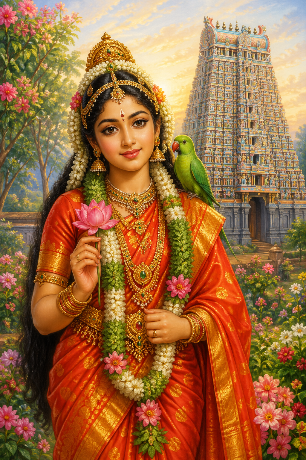 Andal standing gracefully in garden holding lotus flower, fair golden skin, green silk sari with gold border, jasmine garlands in hair, warm golden light, classical South Indian art style -- HD wallpaper