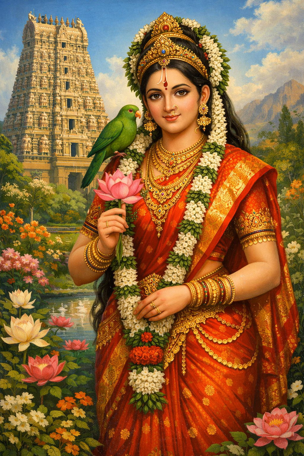 Andal Kodhai standing in a lush flower garden wearing orange-red silk sari with gold border, jasmine and tulasi garlands in her hair, parrot on shoulder, Srivilliputhur gopuram in background -- HD devotional wallpaper