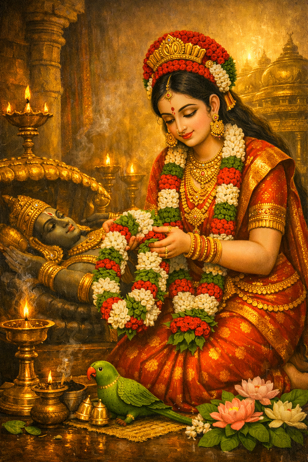 Young Andal offering flower garland she has already worn to temple shrine, early morning puja, oil lamps and incense, intimate devotional scene, classical art -- HD wallpaper