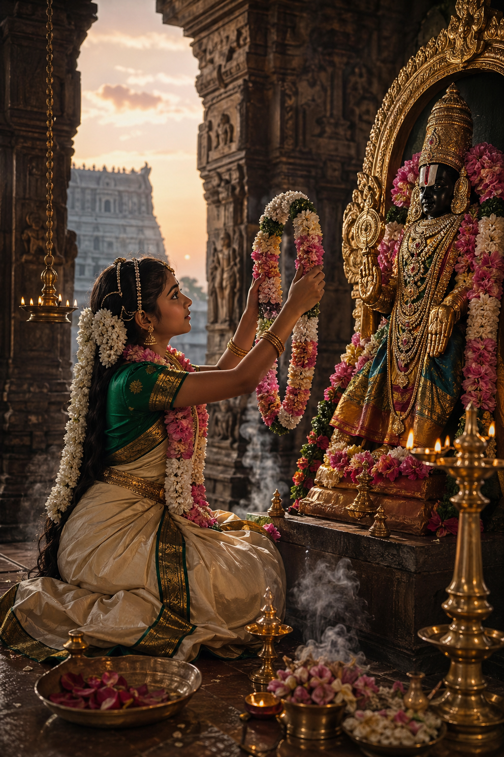 Andal offering flower garland at temple shrine early morning, oil lamps burning, incense smoke, devotional intimate scene, classical Indian art -- HD wallpaper