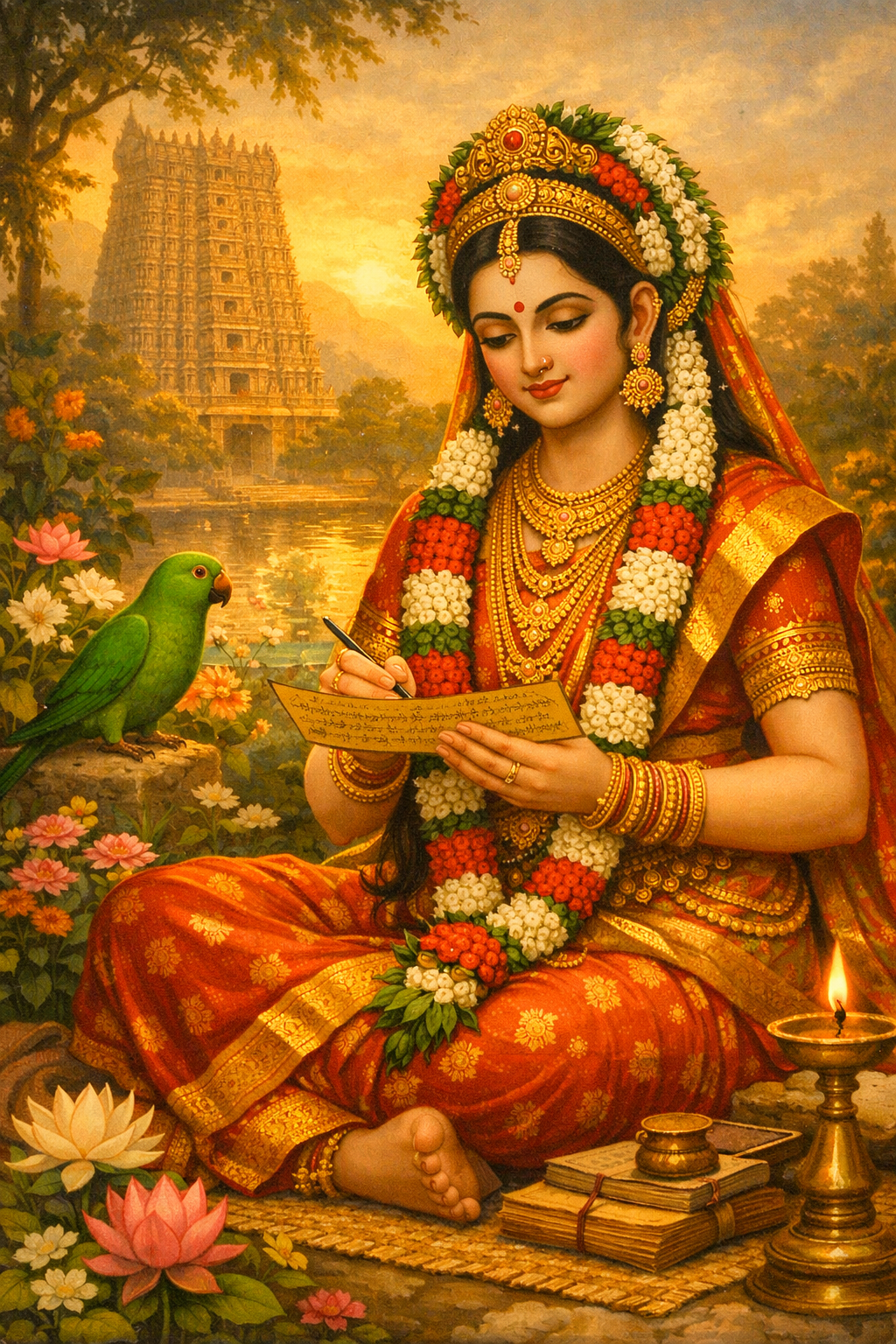 Andal seated in garden at dawn composing Thiruppavai poetry, Tamil palm-leaf manuscript in hands, morning light, parrot listening nearby, classical Tamil art -- HD wallpaper
