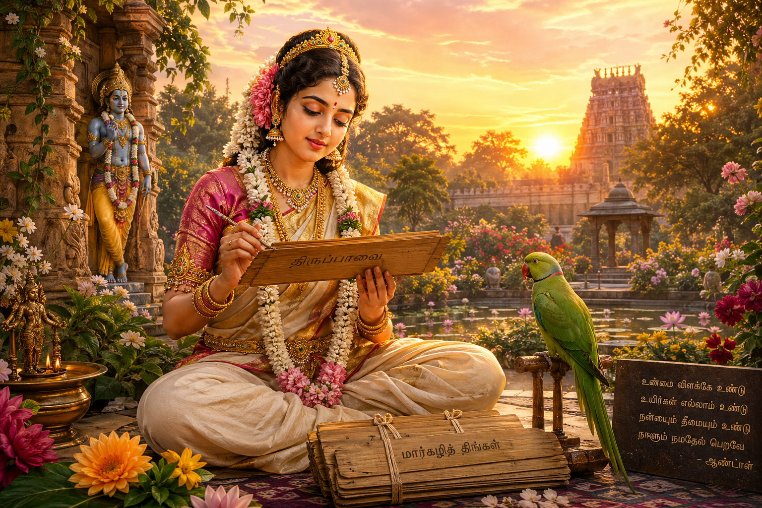 Andal seated composing devotional poetry in garden at dawn, morning light, flowering plants, parrot nearby, scholarly yet devotional pose, classical Tamil art -- HD wallpaper