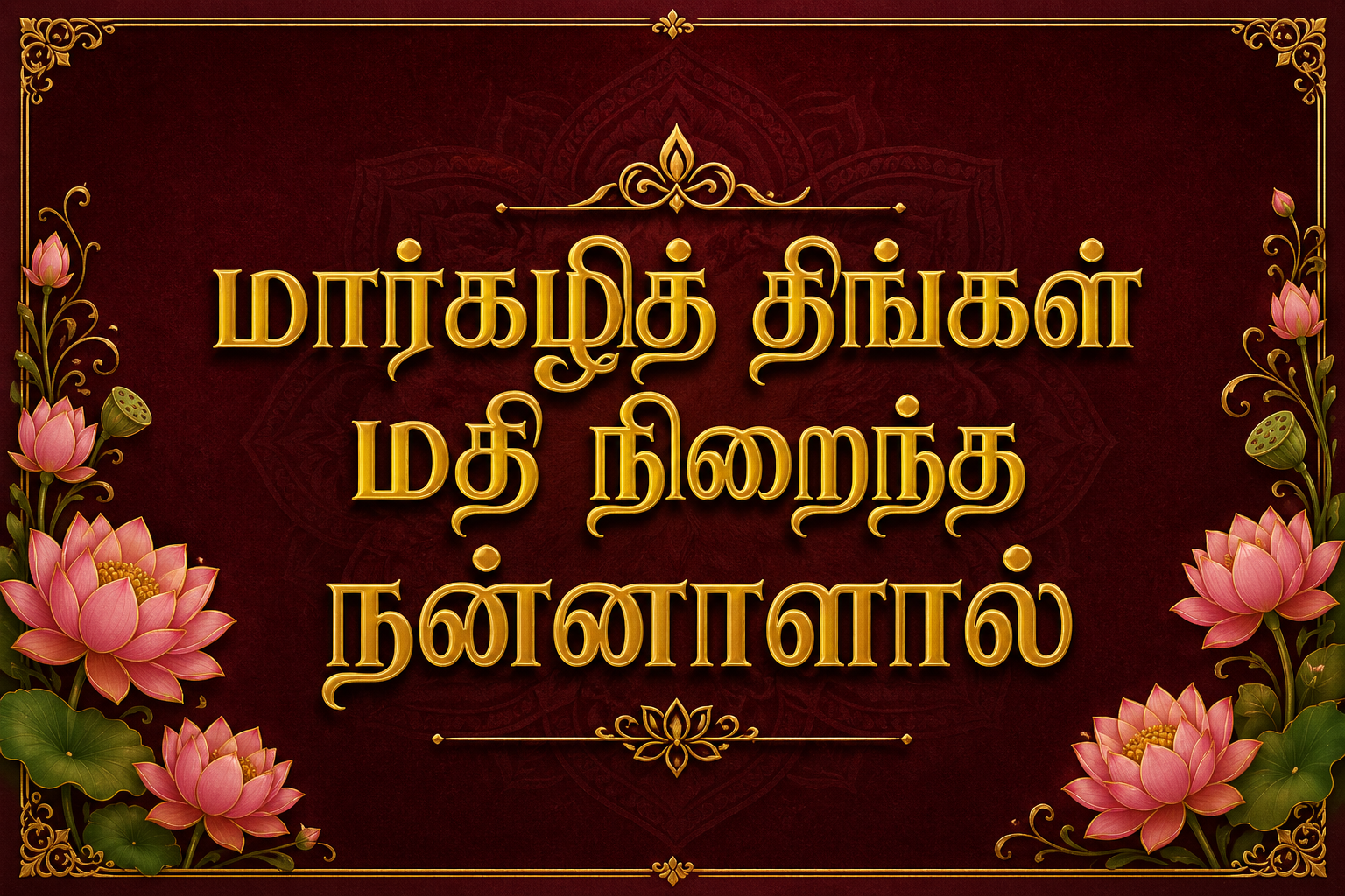 Thiruppavai verse 1 in elegant gold Tamil calligraphy on deep maroon background with lotus border, text reads Margazhi Thingal -- HD typography wallpaper