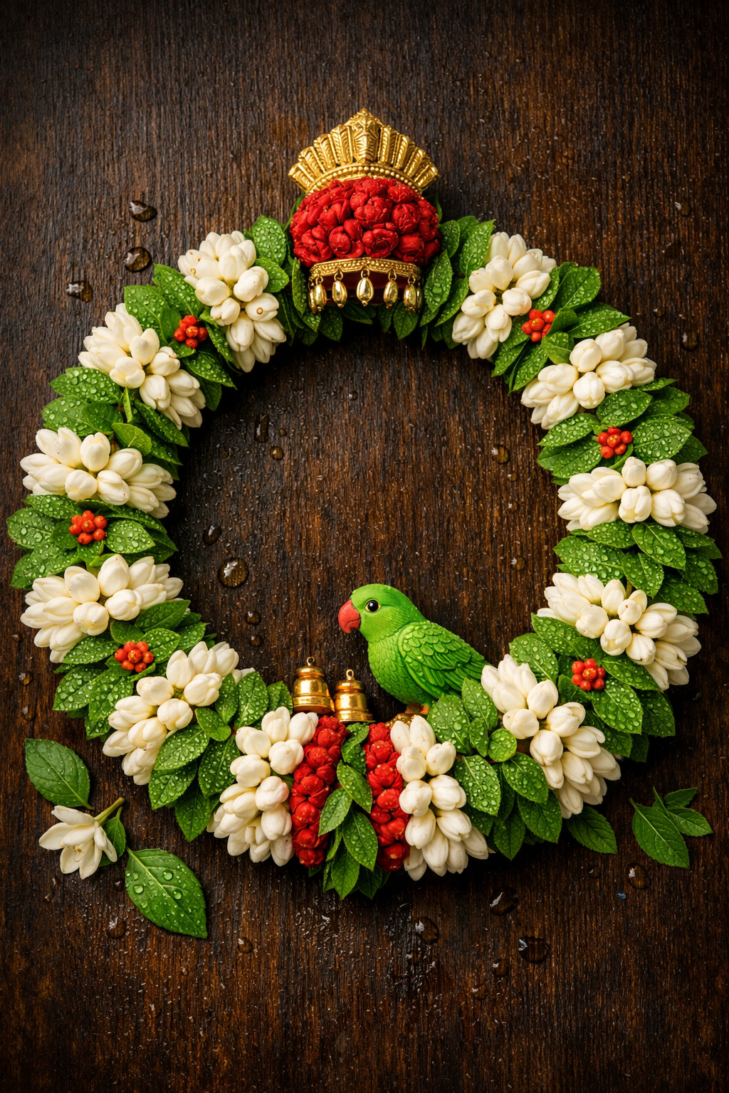 Fresh tulasi holy basil and jasmine flower garland arranged in circle with small parrot figurine, dark background, dewdrops on leaves, still life devotional art -- HD wallpaper