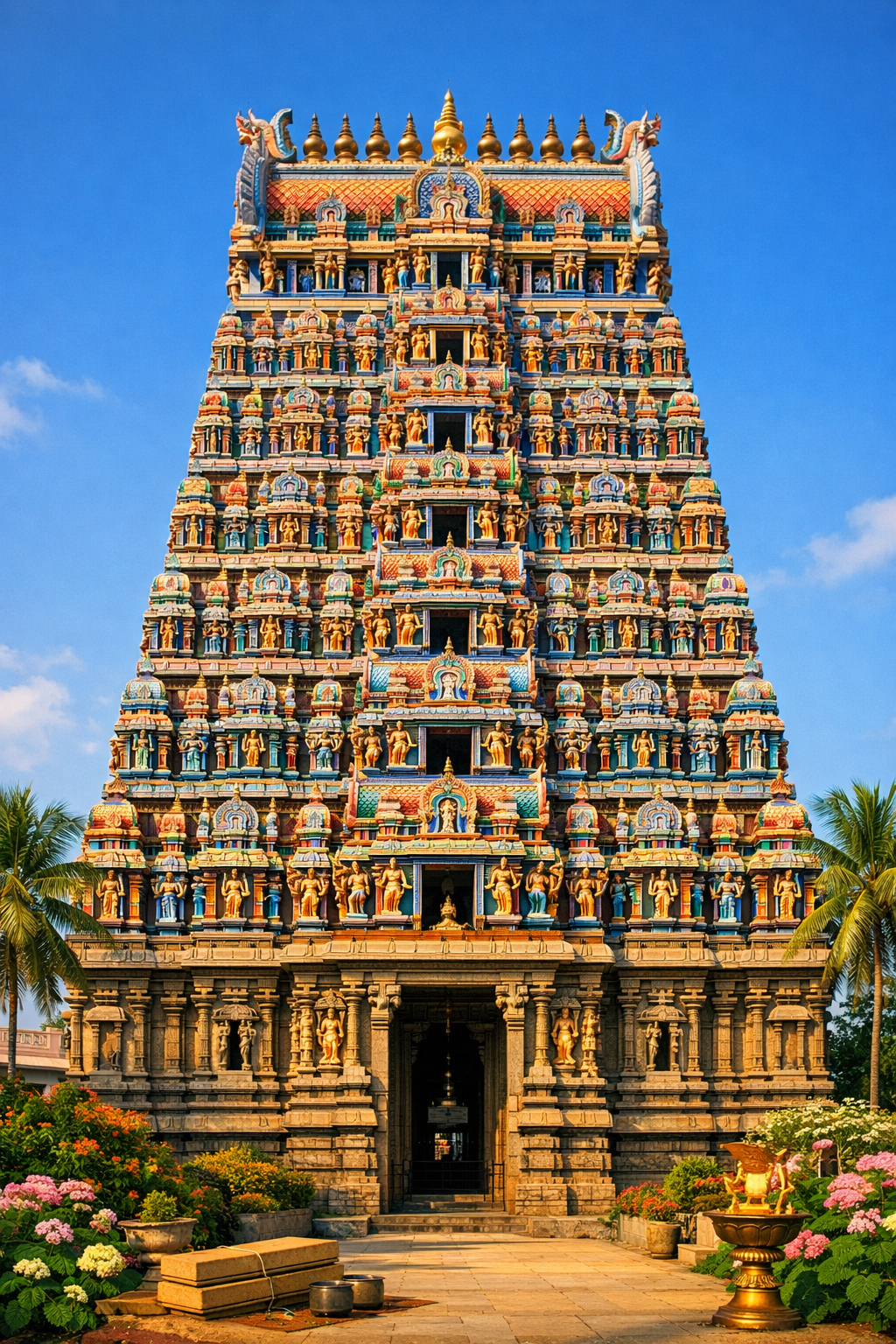 Srivilliputhur Andal Temple magnificent 192-foot gopuram tower richly painted with colorful sculptures, blue sky, palm trees, architectural photography -- HD wallpaper