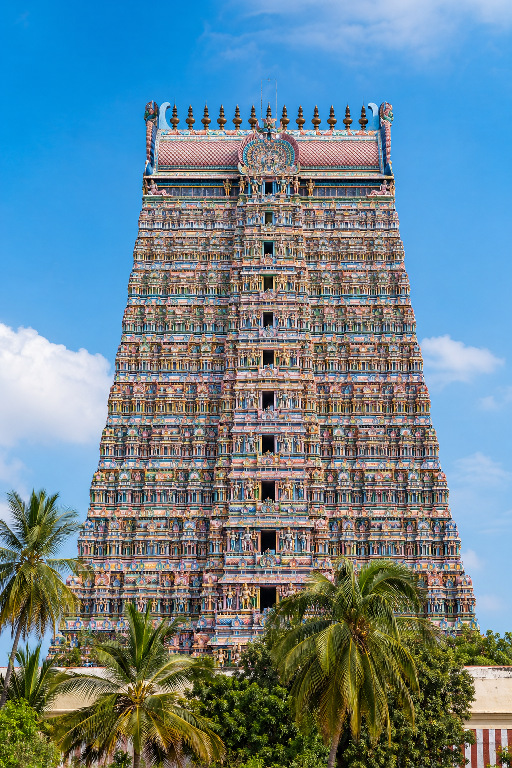 Srivilliputhur temple gopuram painted with colorful sculptures against blue sky, palm trees, Dravidian temple architecture photography -- HD wallpaper