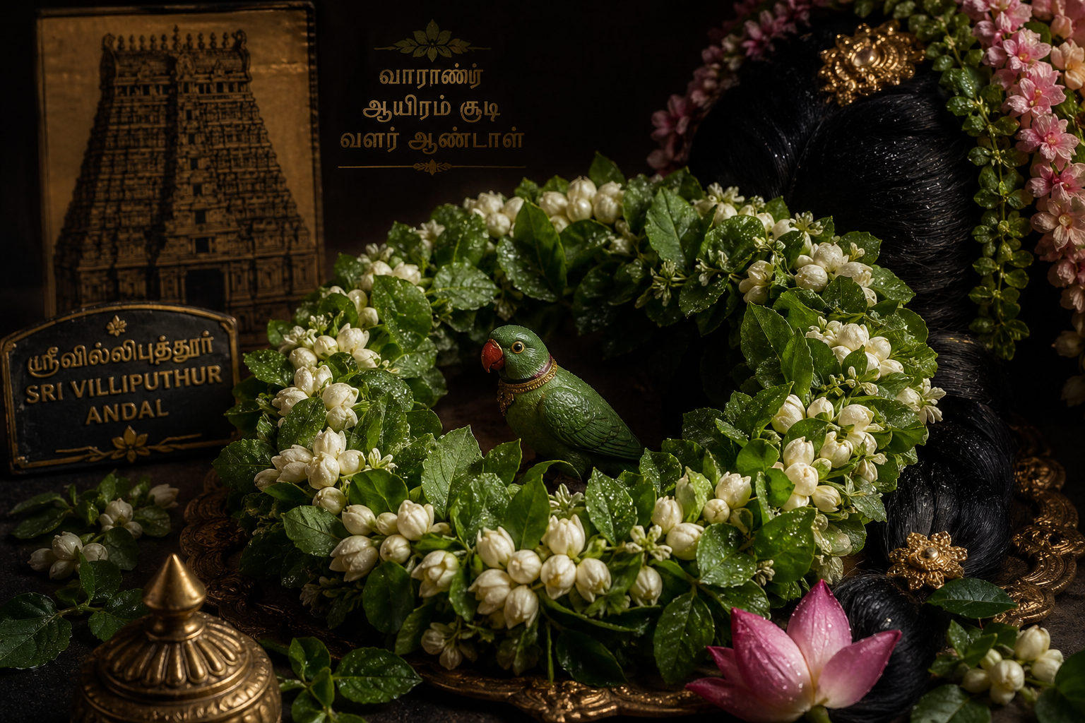 Beautiful tulasi and jasmine flower garland in circular arrangement with parrot figurine, dewdrops on leaves, dark background, still life devotional art -- HD wallpaper