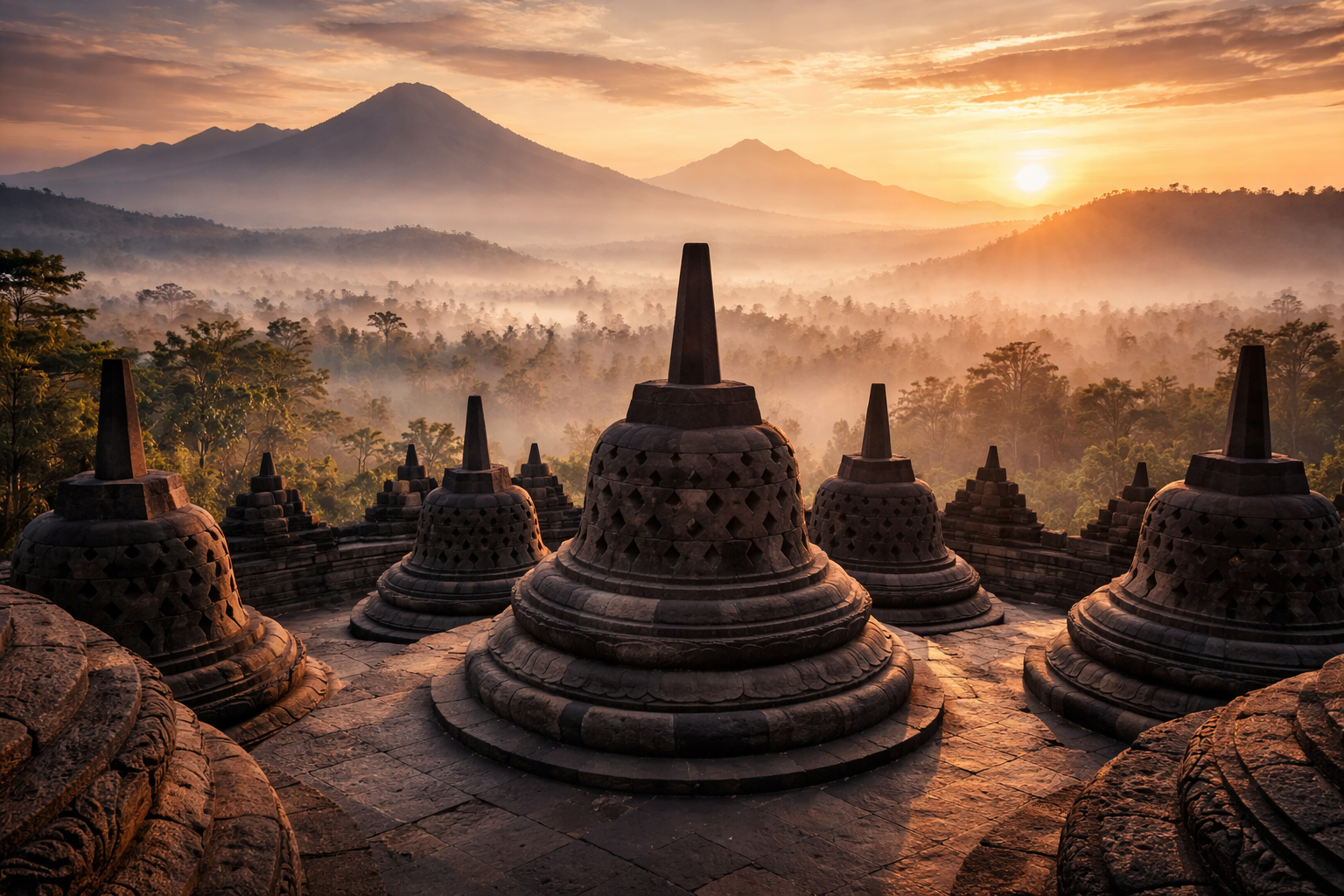 Borobudur Temple at Sunrise — Java Stupas in Morning Mist