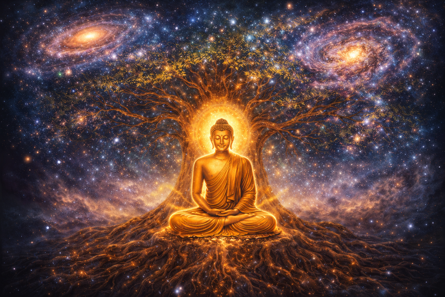 Buddha meditating under Bodhi tree with branches extending into starry universe and galaxies — HD modern spiritual digital art wallpaper