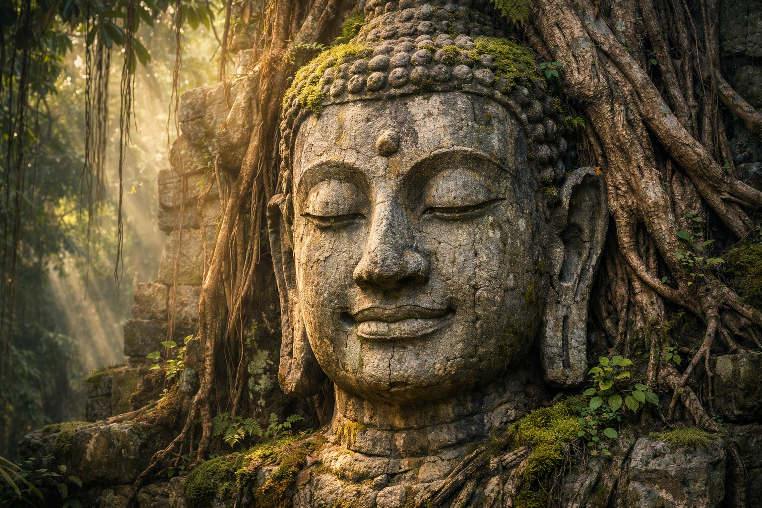 Ancient Stone Buddha Face in Jungle Roots — Ta Prohm Style