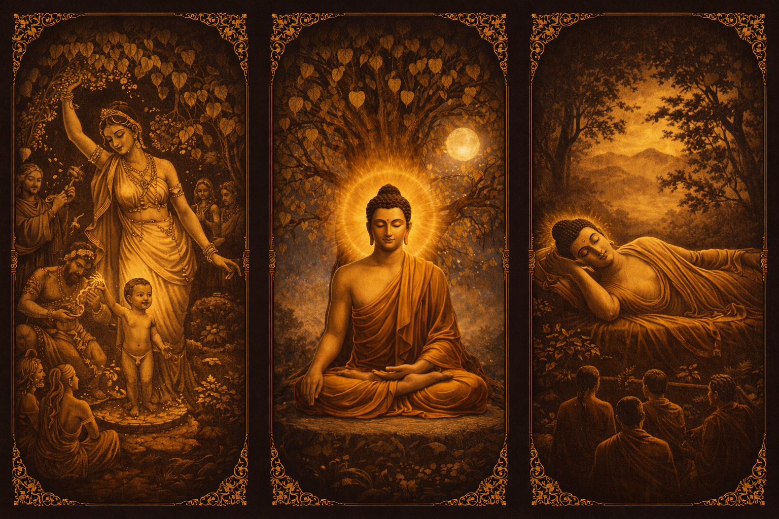Buddha life triptych in three panels: Queen Maya giving birth (left), Buddha meditating under Bodhi tree with divine light (center), reclining Buddha in Parinirvana (right), gold on dark background -- HD wallpaper