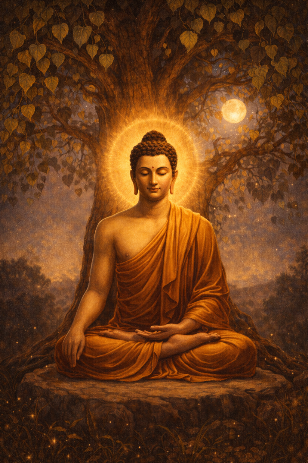 Lord Buddha in deep meditation in lotus pose under the sacred Bodhi tree, earth-touching bhumisparsha mudra, ancient tree with heart-shaped leaves, full moon visible through branches, warm golden divine light -- Buddha Purnima HD wallpaper