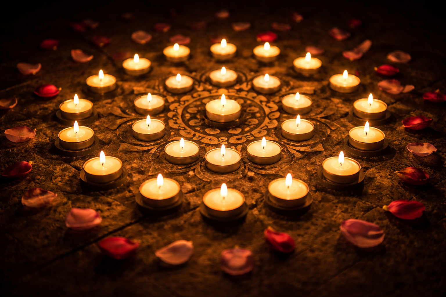 Candlelight Meditation — Tea Lights and Rose Petals Mandala