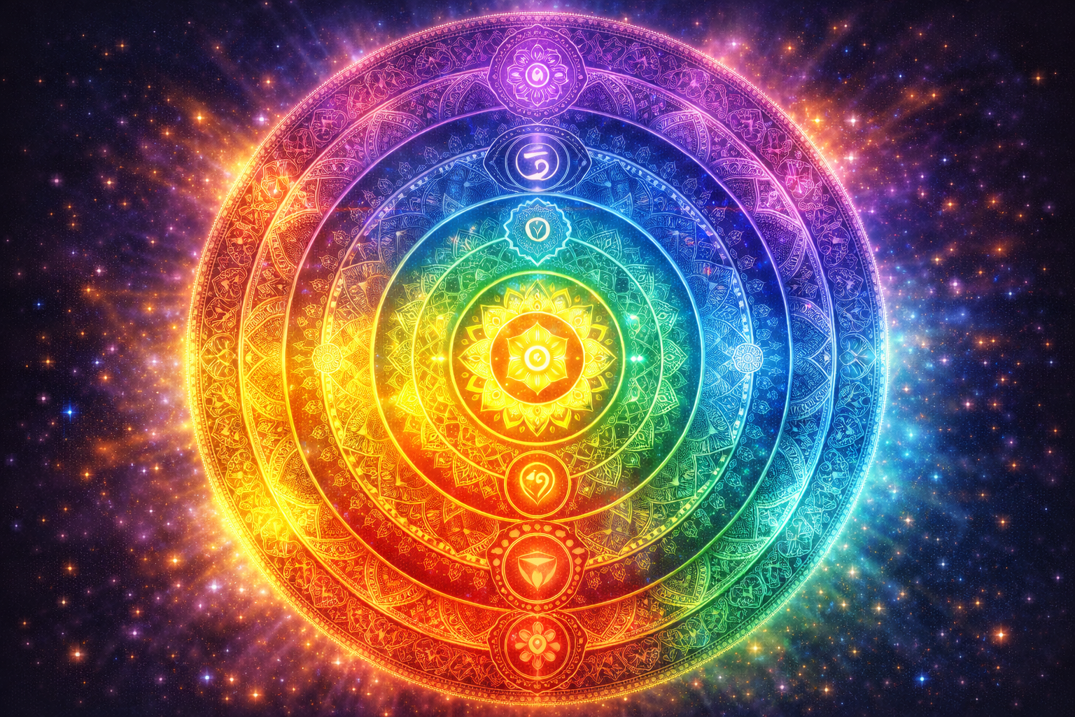 Seven chakra mandala with red, orange, yellow, green, blue, indigo, violet concentric circles and symbols — HD meditation wallpaper