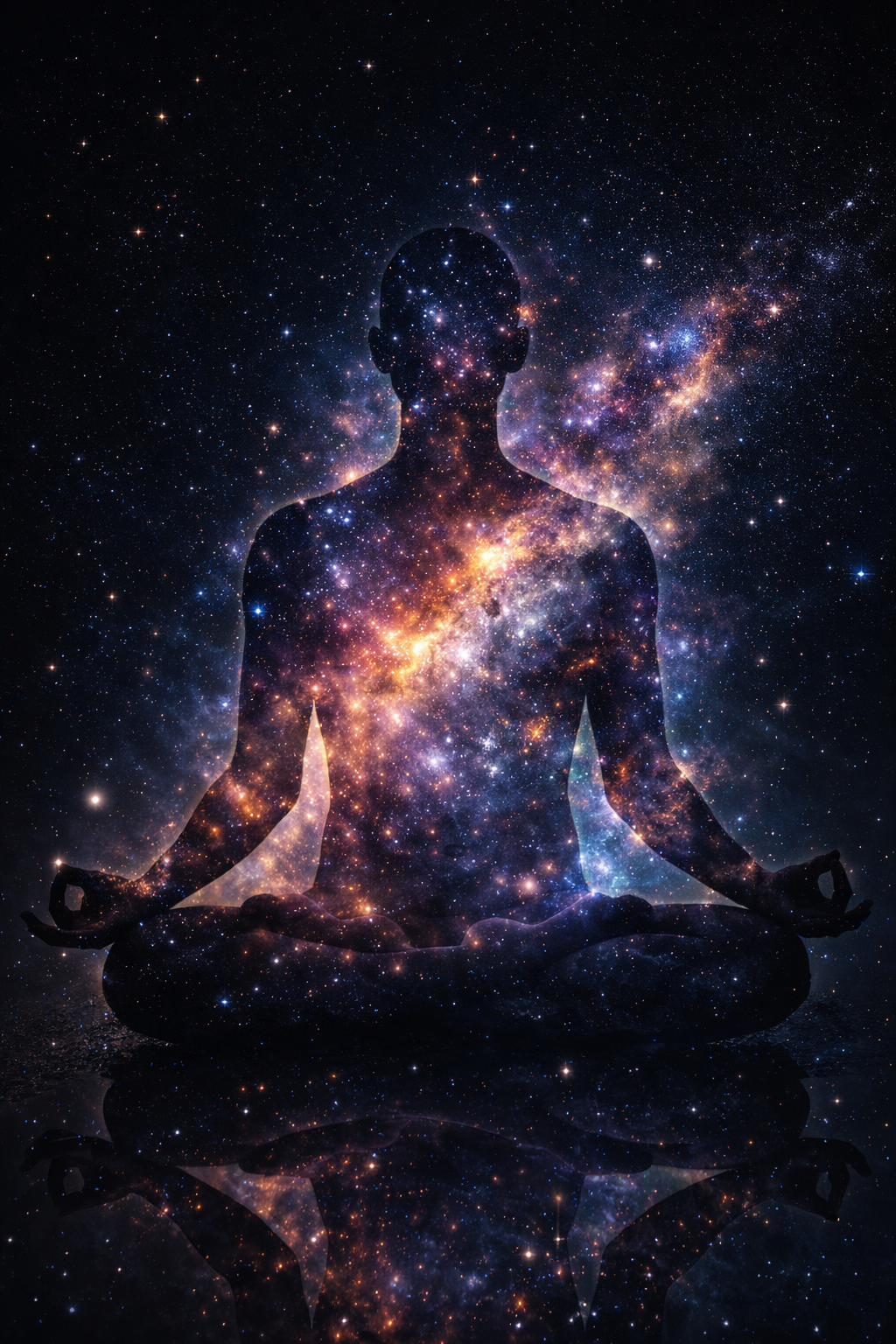 Silhouette of meditating person filled with cosmic galaxy and nebulae — inner universe meets outer universe — HD digital art wallpaper