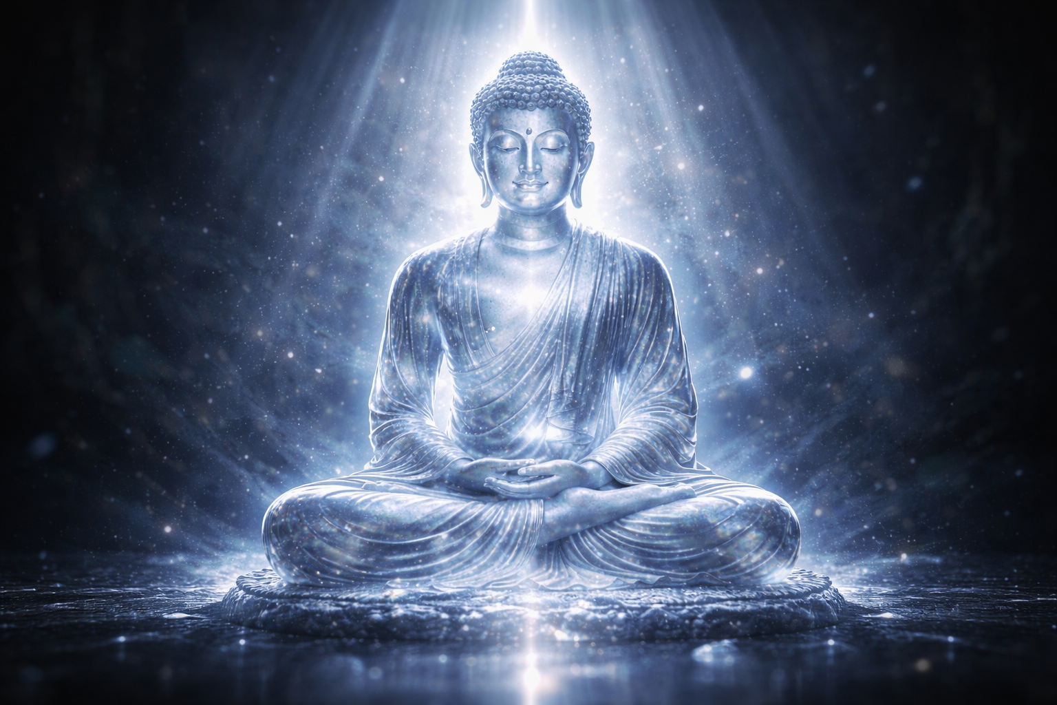 Transparent crystal Buddha statue glowing with blue-white inner light against dark background — HD contemporary spiritual wallpaper