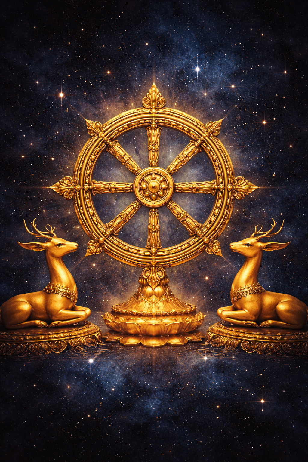 Ornate golden eight-spoked Dhammachakra Wheel of Dharma on cosmic dark blue starry background, two golden deer sitting on either side of the wheel, sacred Buddhist symbol -- HD wallpaper