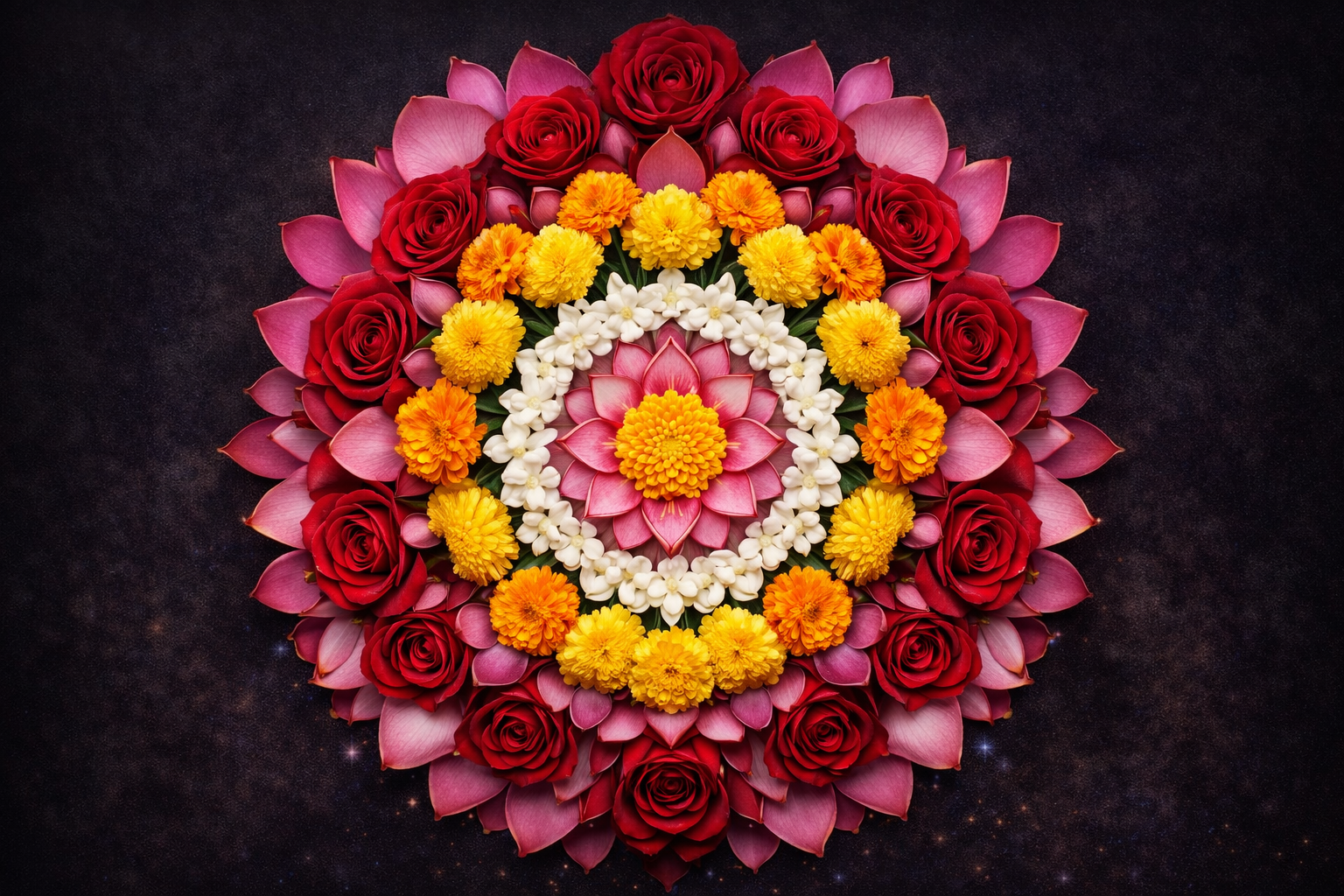 Mandala made entirely of realistic flower petals -- roses, marigolds, jasmine, lotus arranged in radial symmetry — HD botanical art wallpaper