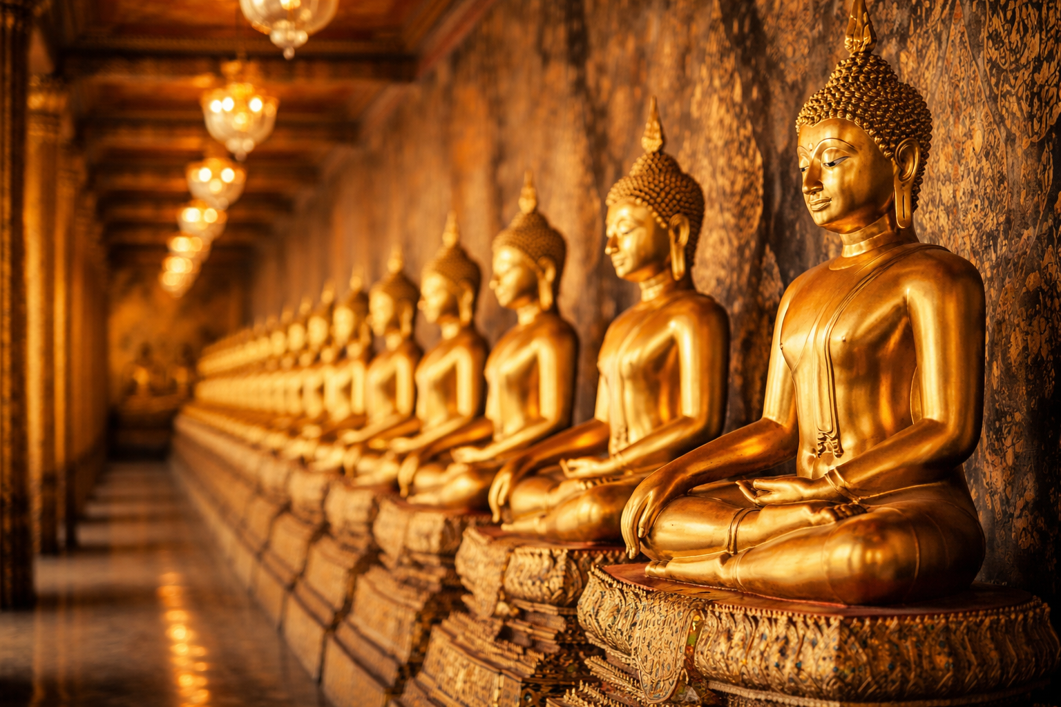 Dozens of identical golden Buddha statues in meditation pose stretching into perspective in ornate Thai temple corridor β HD wallpaper