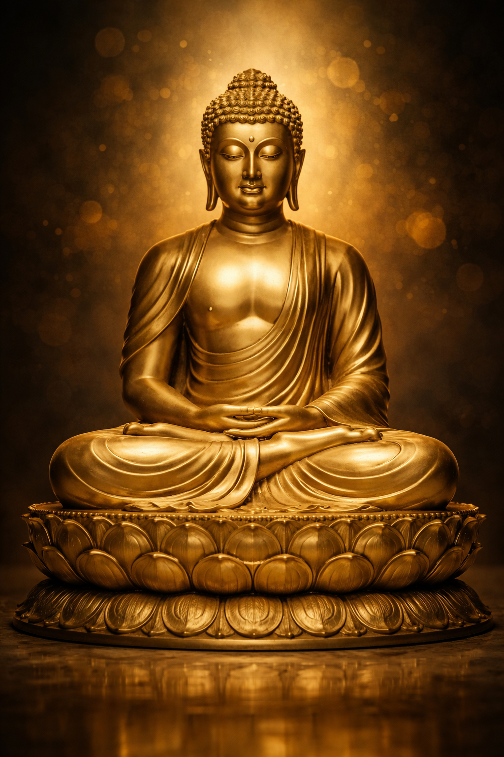 Golden Buddha statue in Dhyana meditation mudra on lotus throne with warm bokeh light HD wallpaper