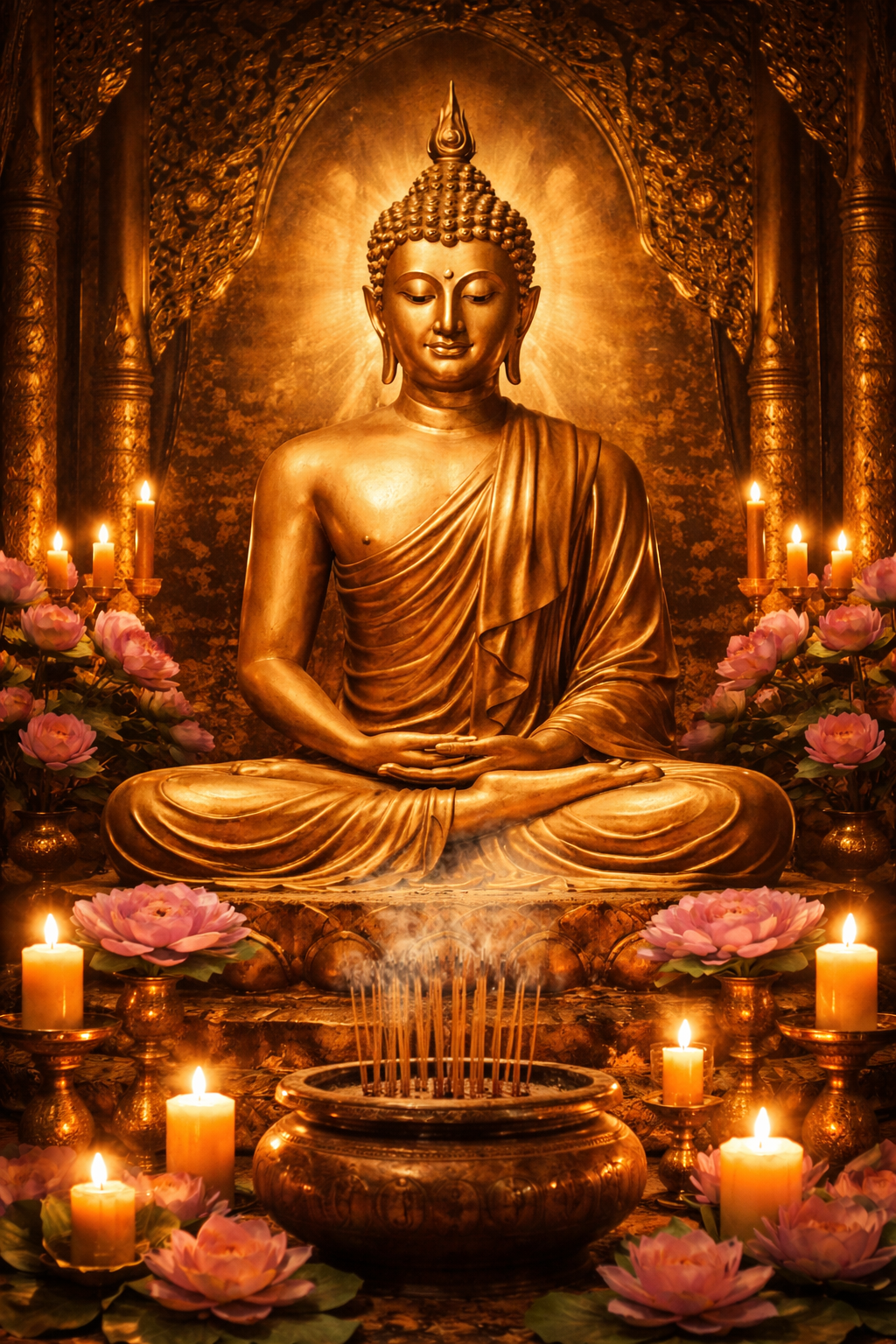 Large gleaming gold Buddha statue in serene meditation pose surrounded by burning incense sticks, pink lotus flowers, and candles in a temple interior, warm golden atmosphere -- HD wallpaper