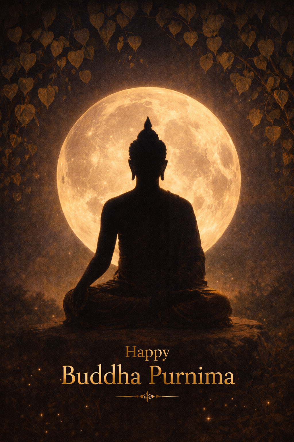 Buddha silhouette in seated meditation against a giant luminous full moon, Bodhi tree branches framing the silhouette, "Happy Buddha Purnima" text in gold -- HD Buddha Purnima greeting image