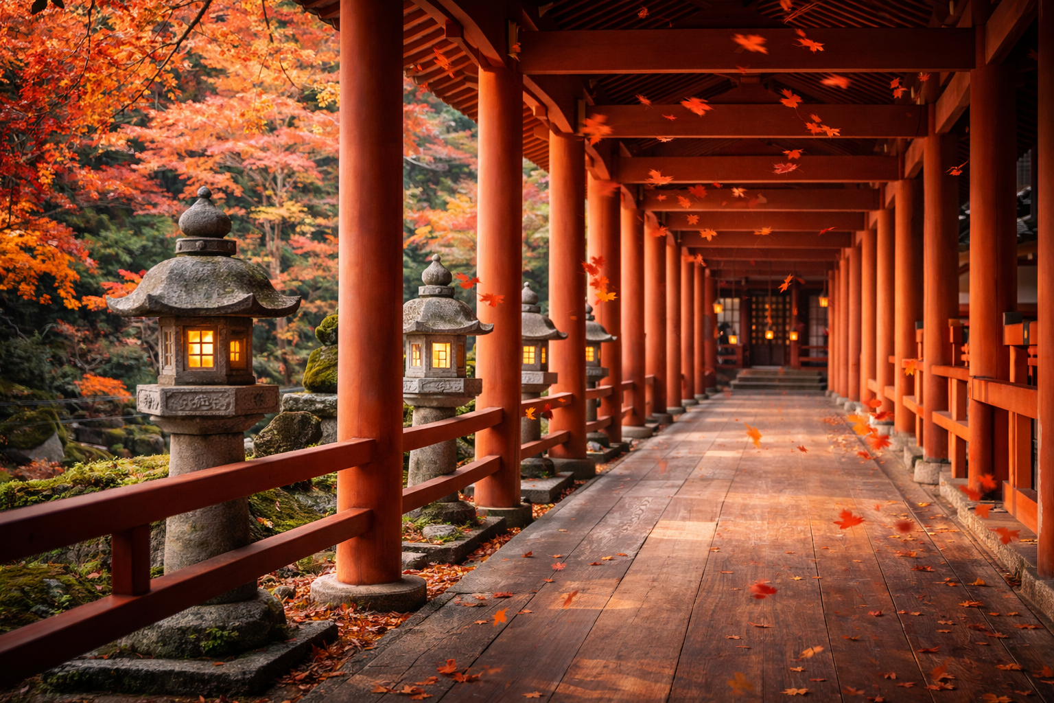 Japanese Temple Corridor in Autumn — Kyoto Maple Leaves