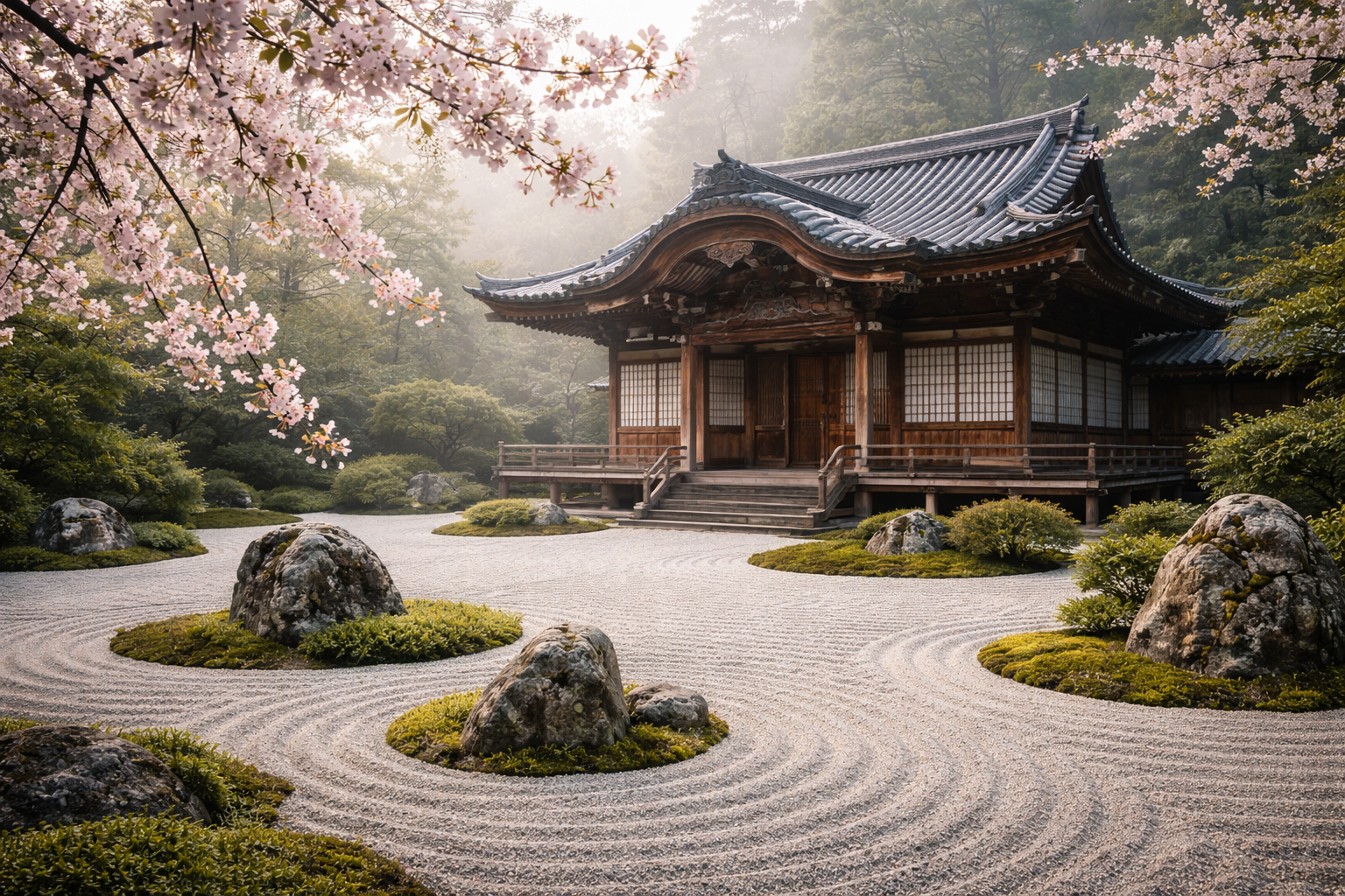 Japanese Zen Garden Temple — Cherry Blossoms at Dawn