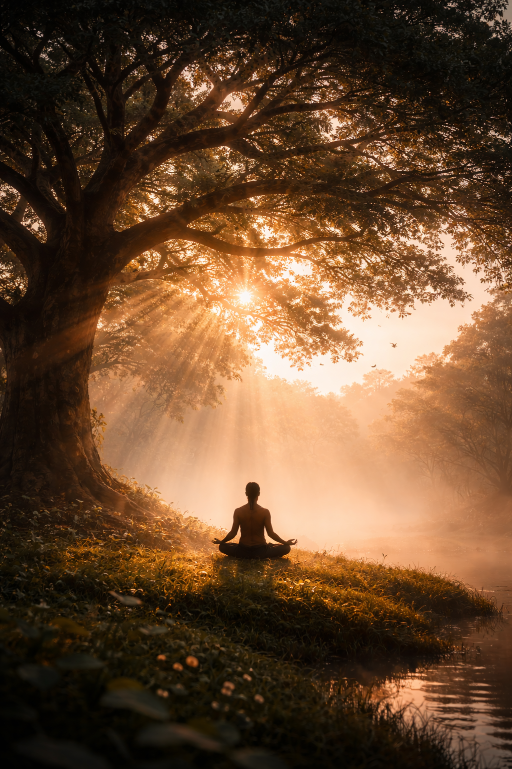 Meditation Under Ancient Tree at Dawn — Forest Silhouette