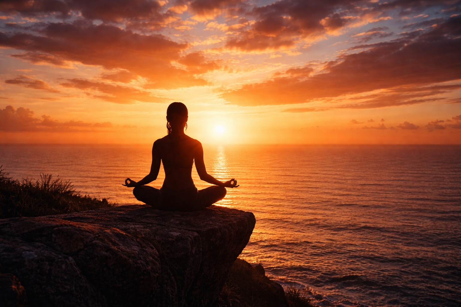 Person meditating in lotus position silhouetted on cliff edge against sunset over ocean — HD inspirational wallpaper