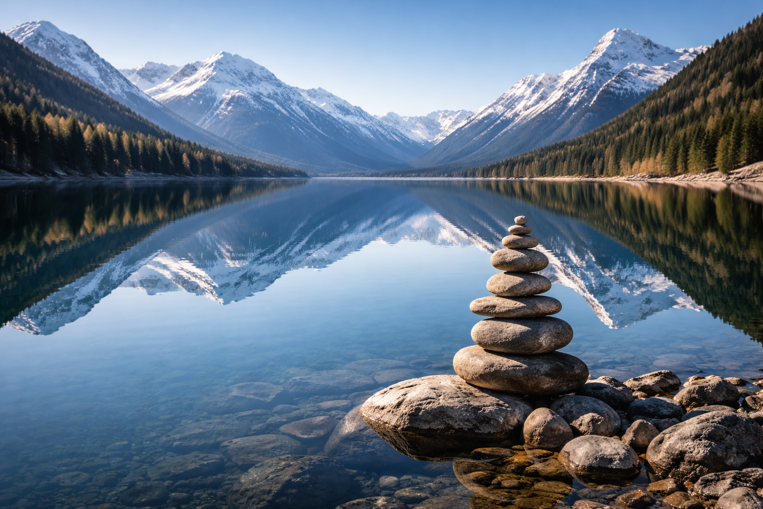 Perfectly still mountain lake reflecting snow peaks with stone cairn on shore at sunrise — HD nature meditation wallpaper