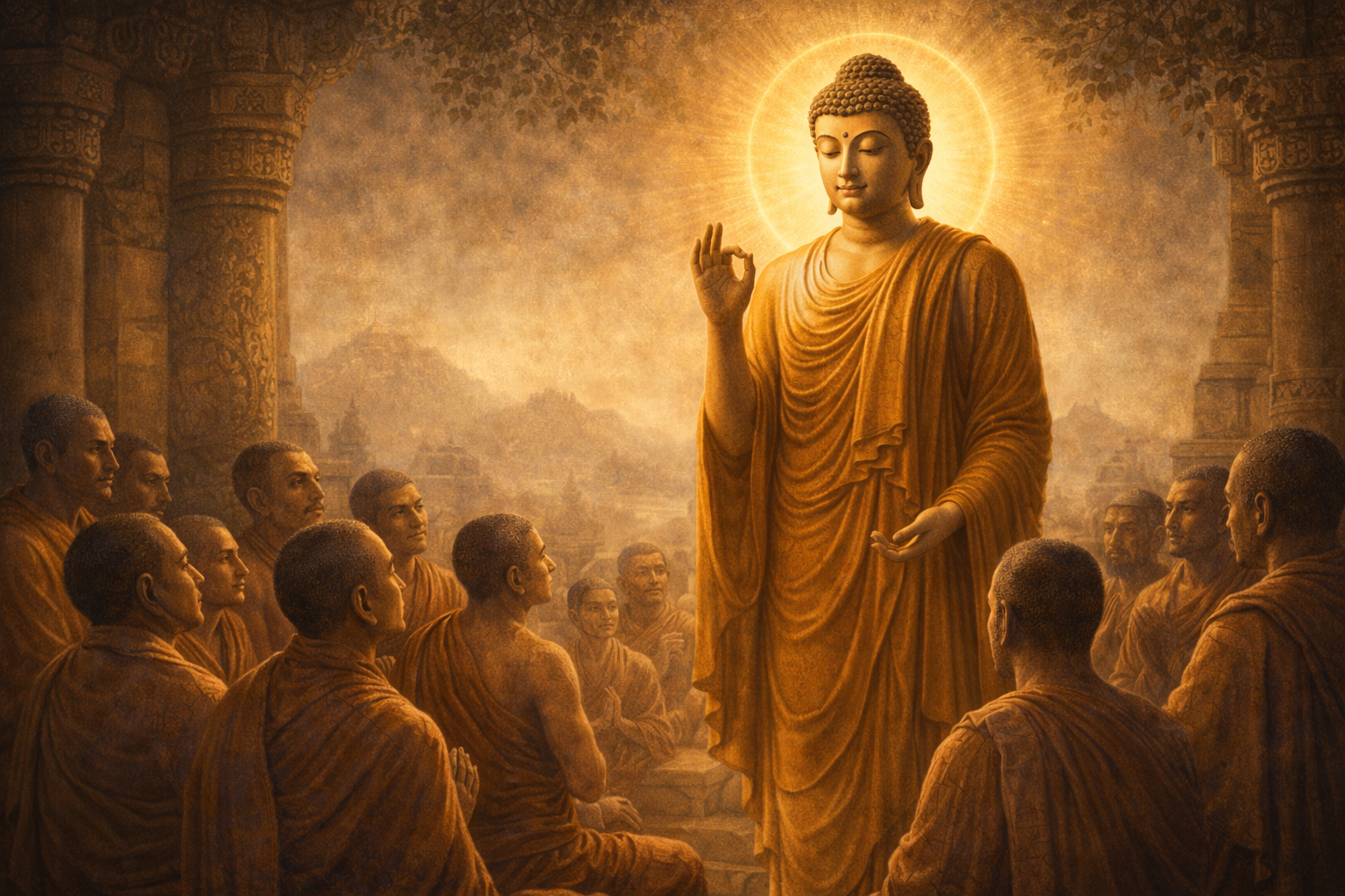 Teaching Buddha standing with Vitarka mudra hand gesture, disciples seated below, ancient Gandhara art style β HD wallpaper
