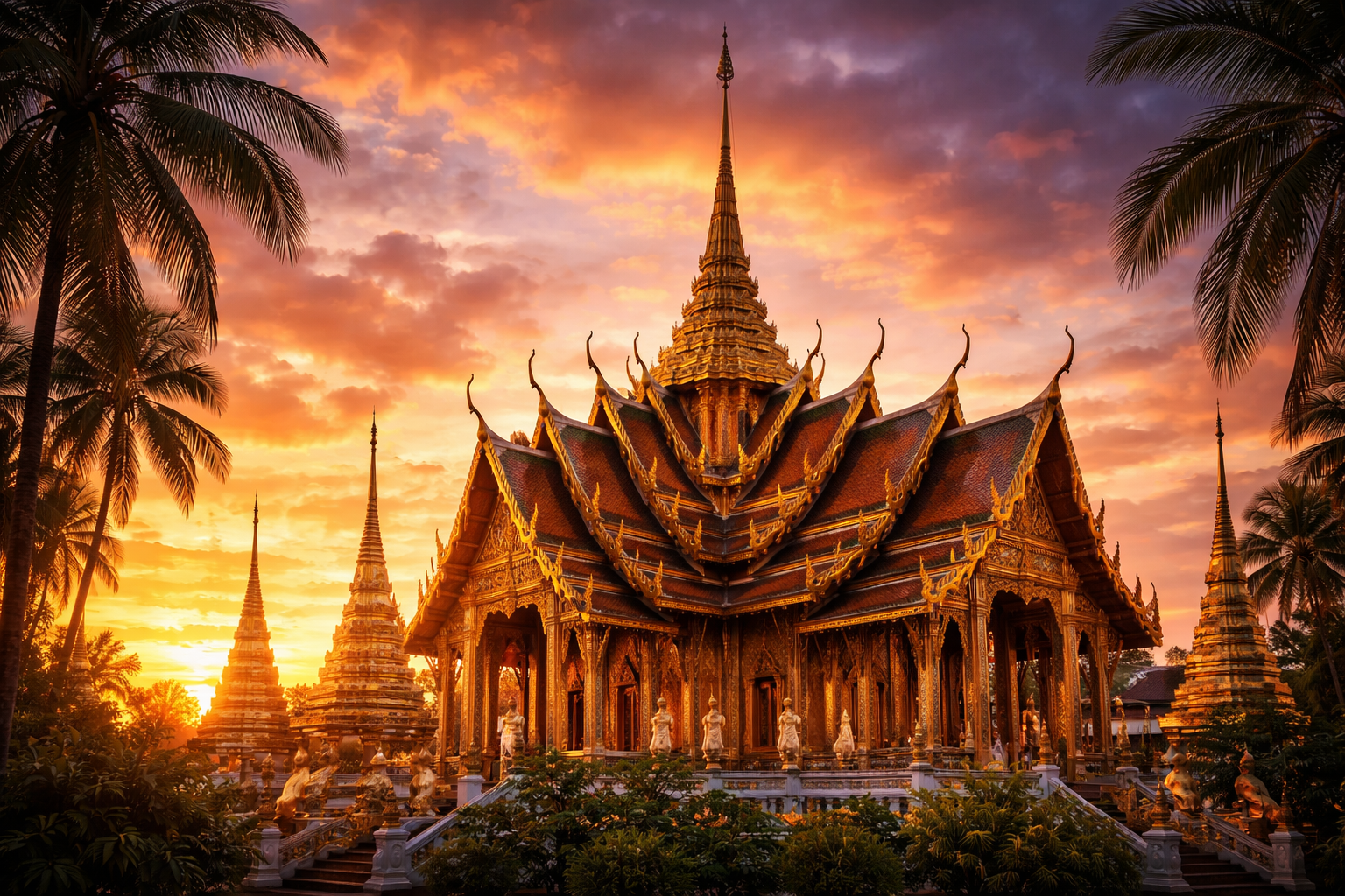 Thai Buddhist Temple (Wat) — Golden Spires at Sunset