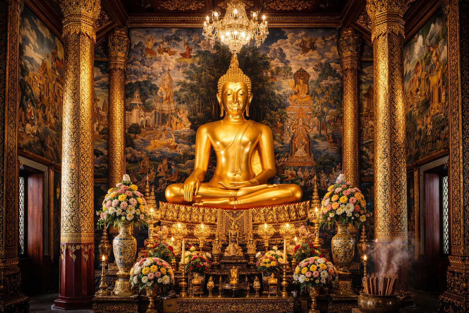 Thai Temple Interior — Golden Buddha with Jataka Murals