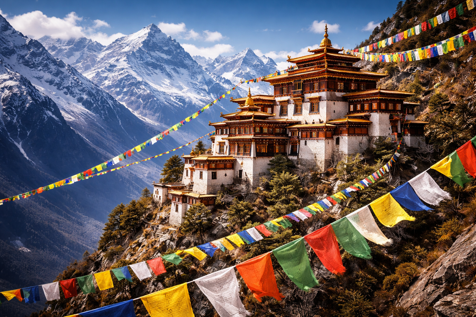 Tibetan Buddhist monastery on mountainside with colorful prayer flags, snow-capped Himalayan peaks — HD dramatic landscape wallpaper
