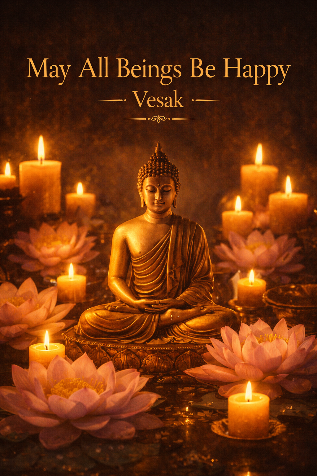 Golden Buddha statue surrounded by multiple candle flames and pink lotus flowers, text "May All Beings Be Happy -- Vesak" in gold, warm devotional temple atmosphere -- HD Vesak greeting image