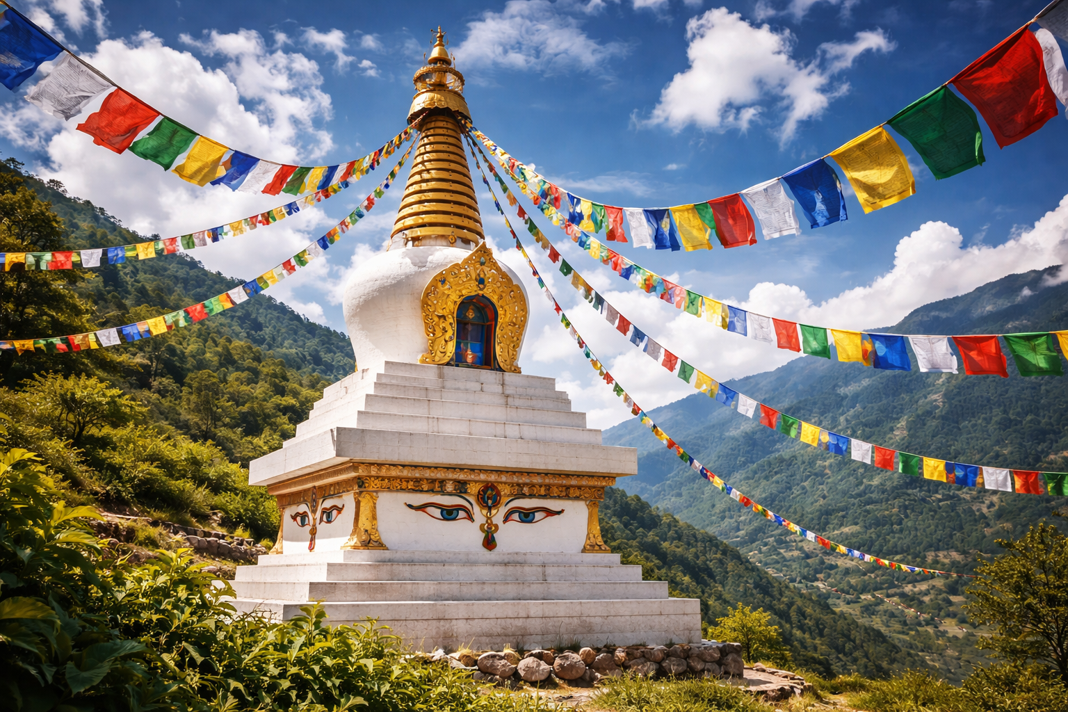 White Stupa with Prayer Flags — Nepal Mountain Setting