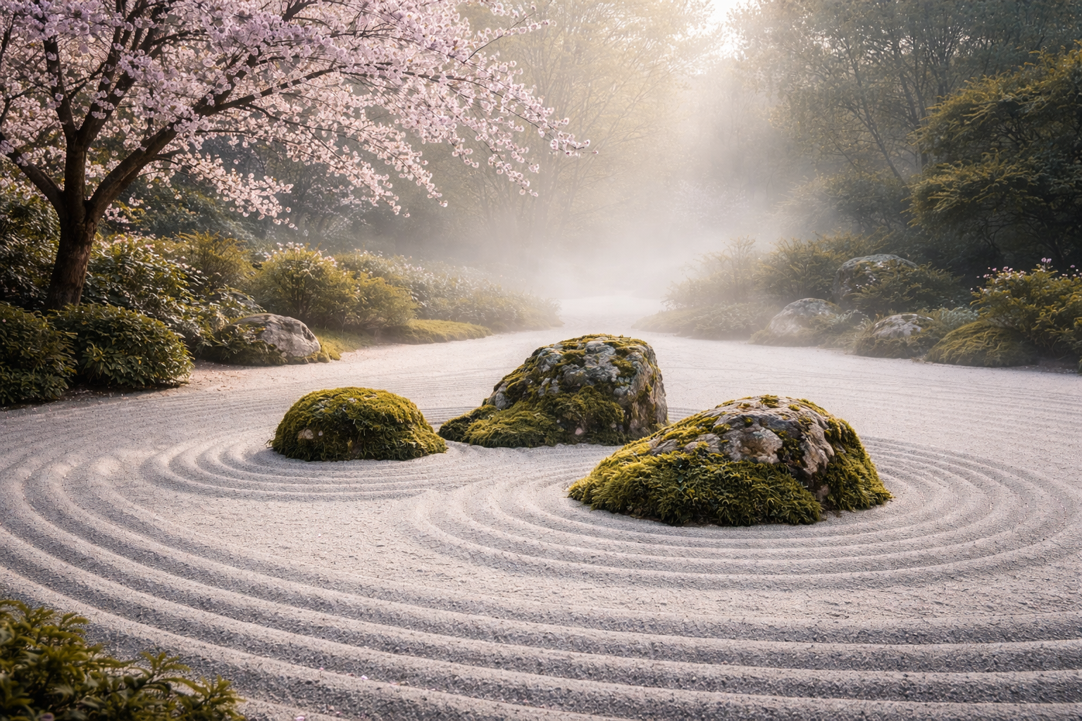 Zen Garden — Raked Sand with Cherry Blossom Tree