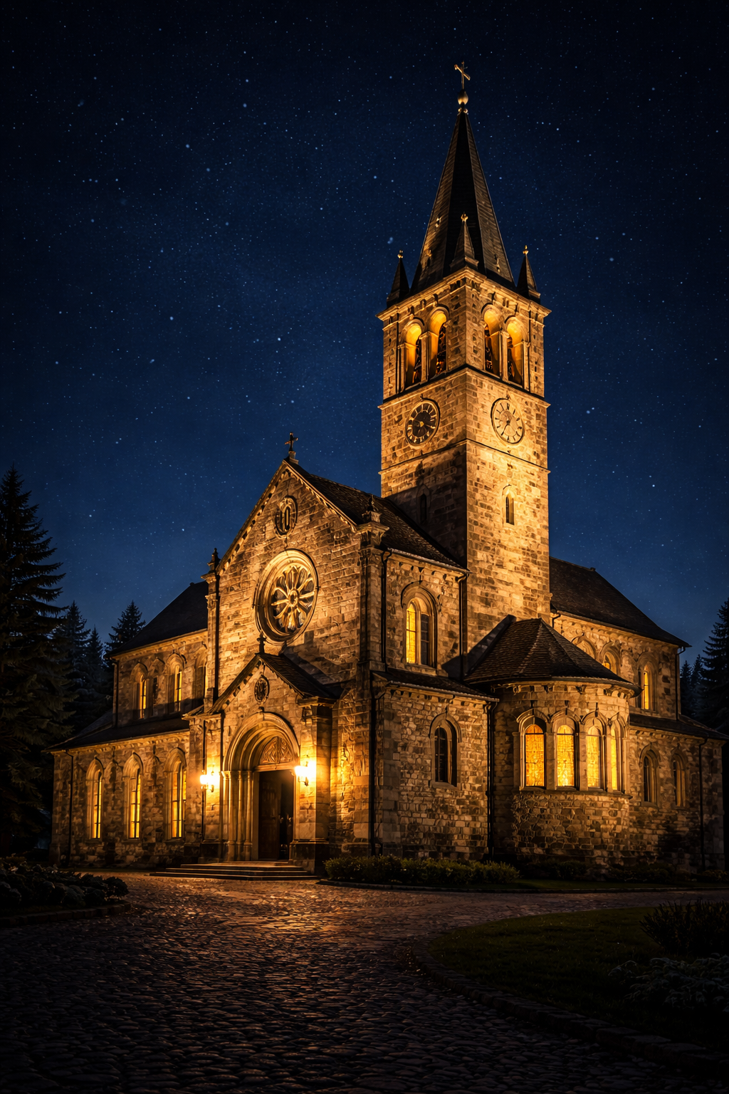 Ancient stone European church illuminated at night with warm golden floodlights against deep blue starry sky, prominent bell tower, cobblestone entrance, dramatic architectural night photography -- HD wallpaper