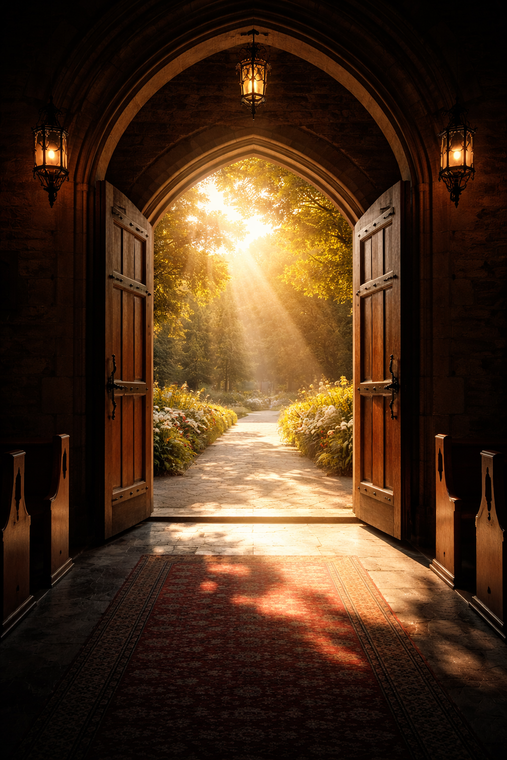 View from inside a church looking out through open heavy wooden doors, brilliant golden daylight flooding in, dark church interior framing bright garden path outside, symbolic darkness to light -- HD wallpaper