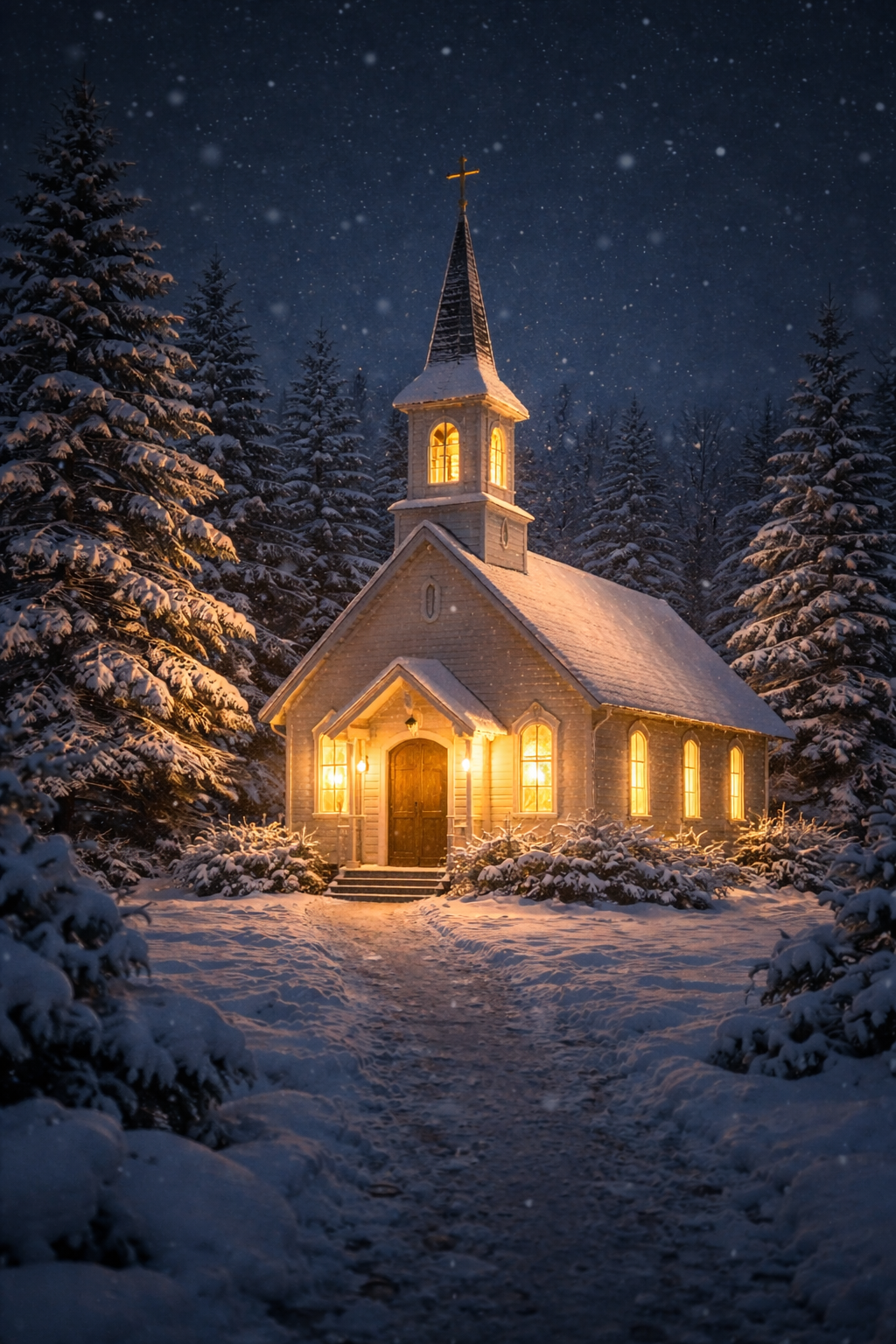Small church covered in snow at night with warm golden light glowing from every window, snow on the roof and surrounding pine trees, gentle snowfall, dark winter sky -- cozy HD wallpaper