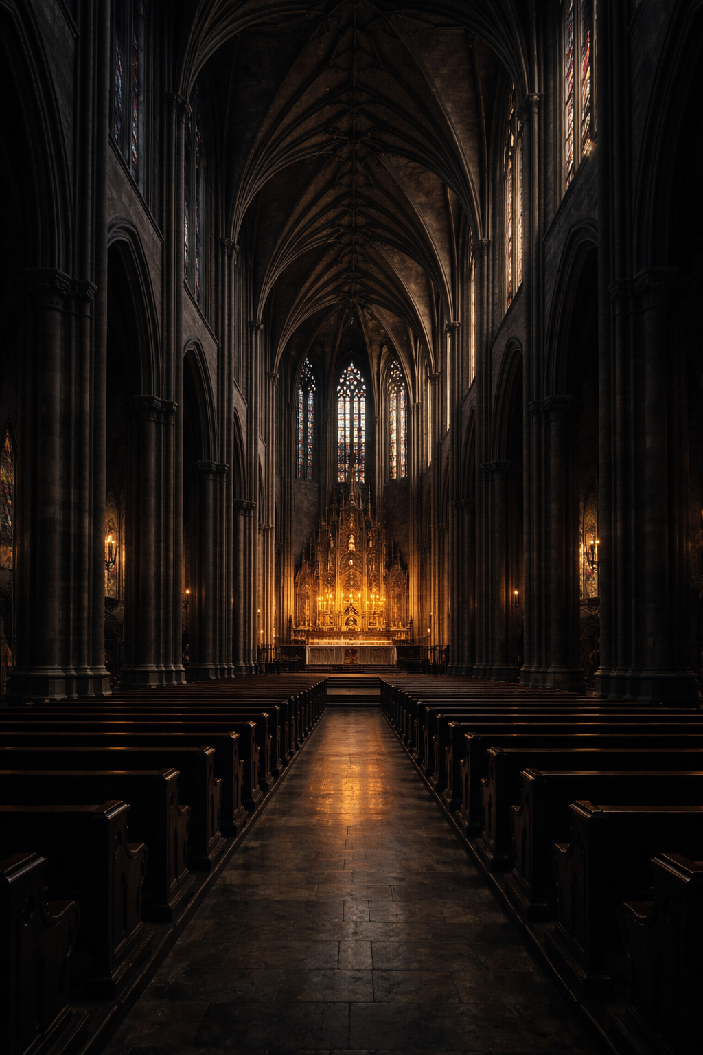 Gothic cathedral interior with soaring vaulted arches, dark stone nave leading to a glowing golden altar, pews in shadow -- HD church wallpaper