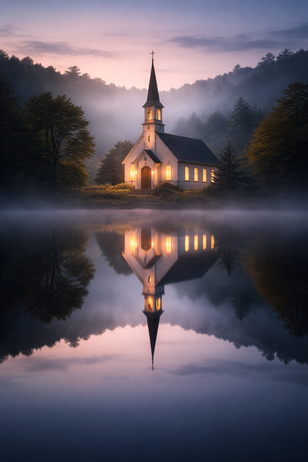 White church with steeple perfectly reflected in still misty lake at dawn, surrounded by fog and autumn trees, soft pink and purple sky, peaceful and mystical morning atmosphere -- HD church wallpaper