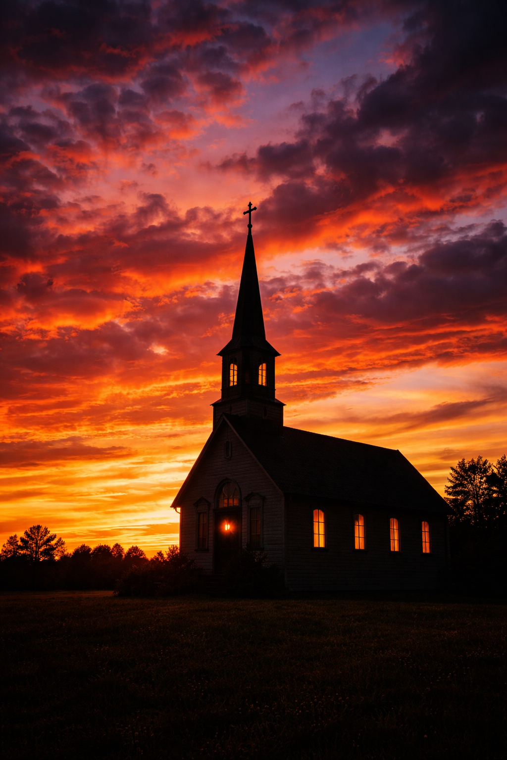 Church silhouette with tall steeple and cross against spectacular orange, red, and purple sunset sky, dramatic rural landscape -- HD church wallpaper