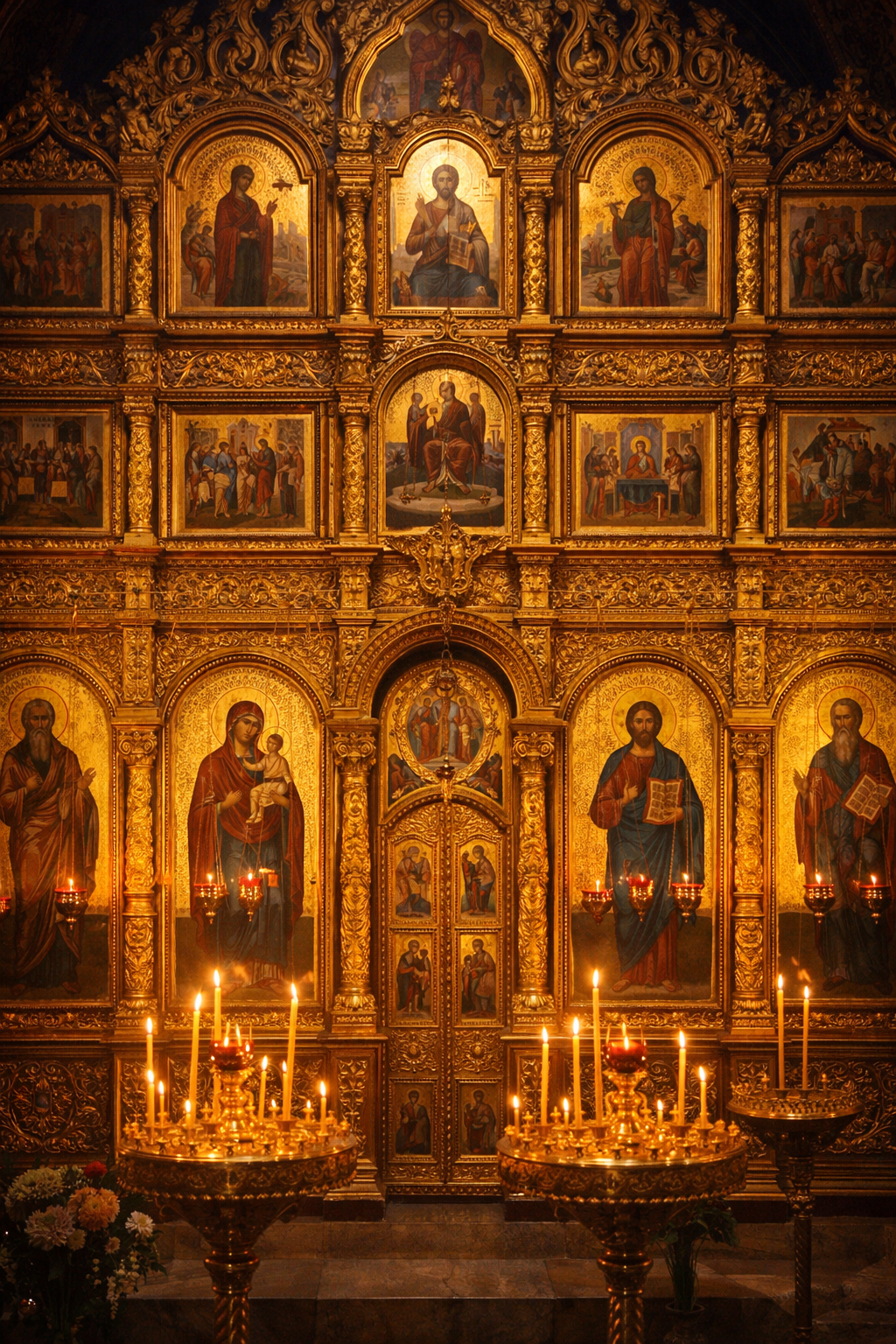 Orthodox church iconostasis -- ornate golden icon screen with multiple rows of icons in gilded frames, candles burning before the icons, rich warm candlelight filling the church -- Orthodox Christian HD wallpaper