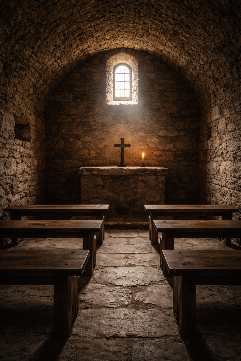 Tiny rustic stone chapel interior with rough stone walls, three simple wooden pews, small wooden cross on the altar, single candle burning, light from one small arched window -- intimate HD wallpaper