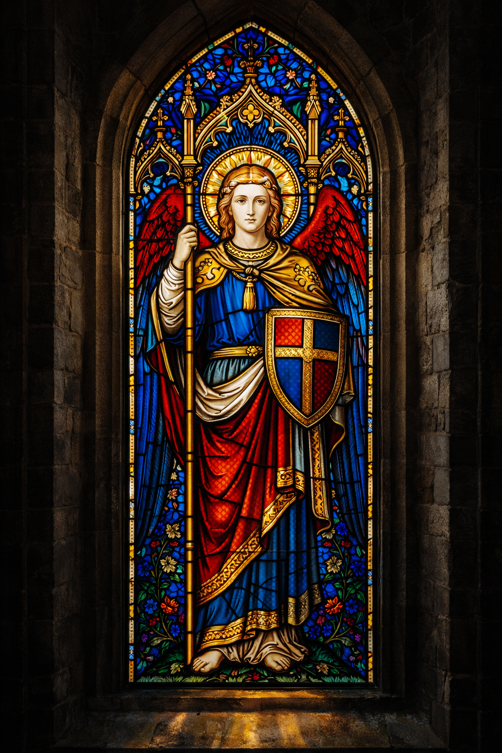 Tall narrow stained glass window depicting an archangel in medieval glass-painting tradition, deep blues, reds, and gold leading, shield and spear, stone window frame, backlighting making glass glow -- Gothic church HD wallpaper